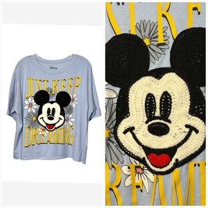 Disney Mickey Mouse T-Shirt Keep Dreamin Crocheted Face Blue Cropped Plus 3XL